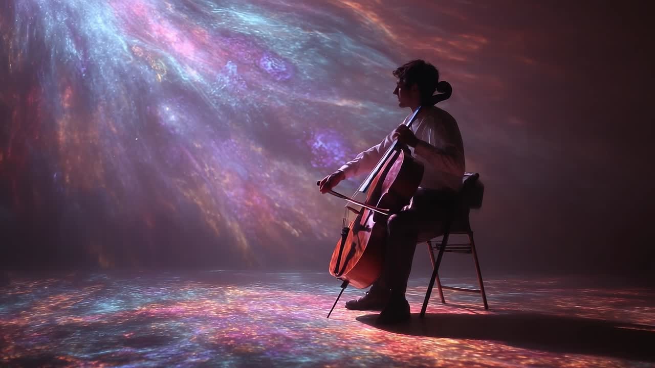 Musiker spiller cello under farverige lysprojektioner i et mørkt rum.