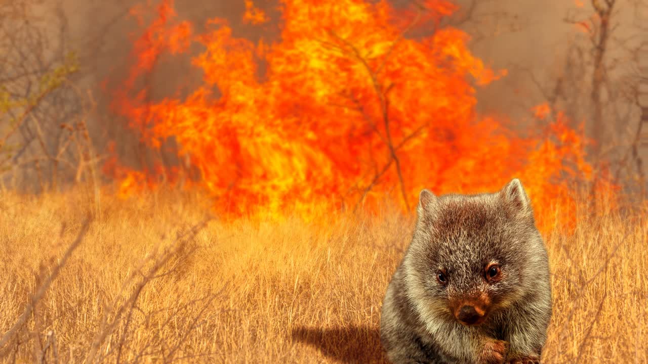 Vombate australiano selvagem no cinemagraph de fogo
