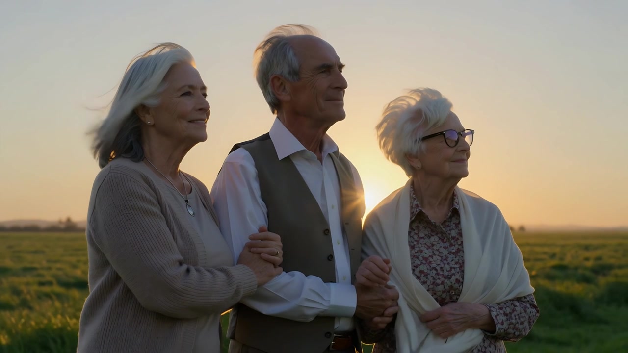 Arm in arm bij zonsondergang, drie senioren staan in een veld, tonen een trouwring en hanger.