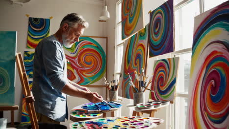 artist at work, mixing paints on a palette