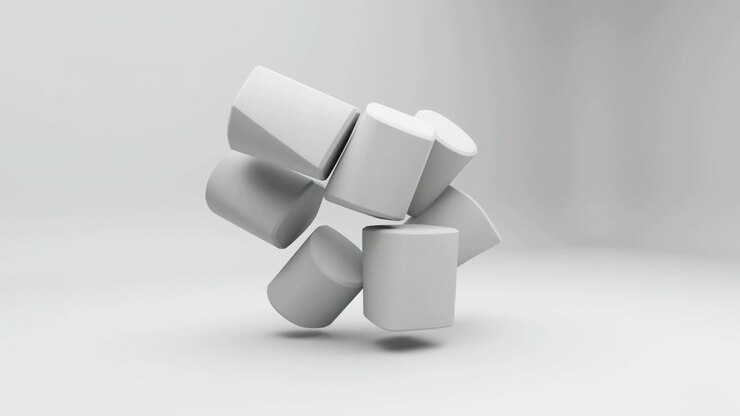 Hvide abstrakte D-former roterer, minimalistisk skulpturprototype i designerstudie, blød diffus belysning