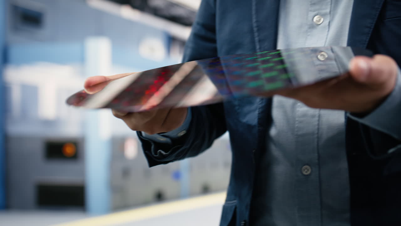 Man Holding and Inspecting a Silicon Wafer
