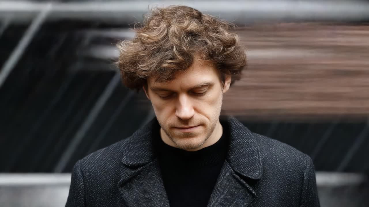 A contemplative moment captured in two frames, showcasing a man with tousled hair lost in thought, as his surroundings blur in a mesmerizing visual effect