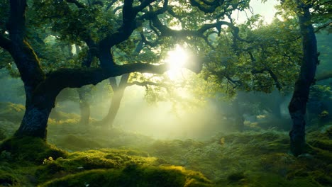 a forest filled with lots of trees covered in green moss