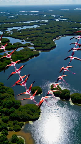 flock of flamingos flying over a lush wetland landscape