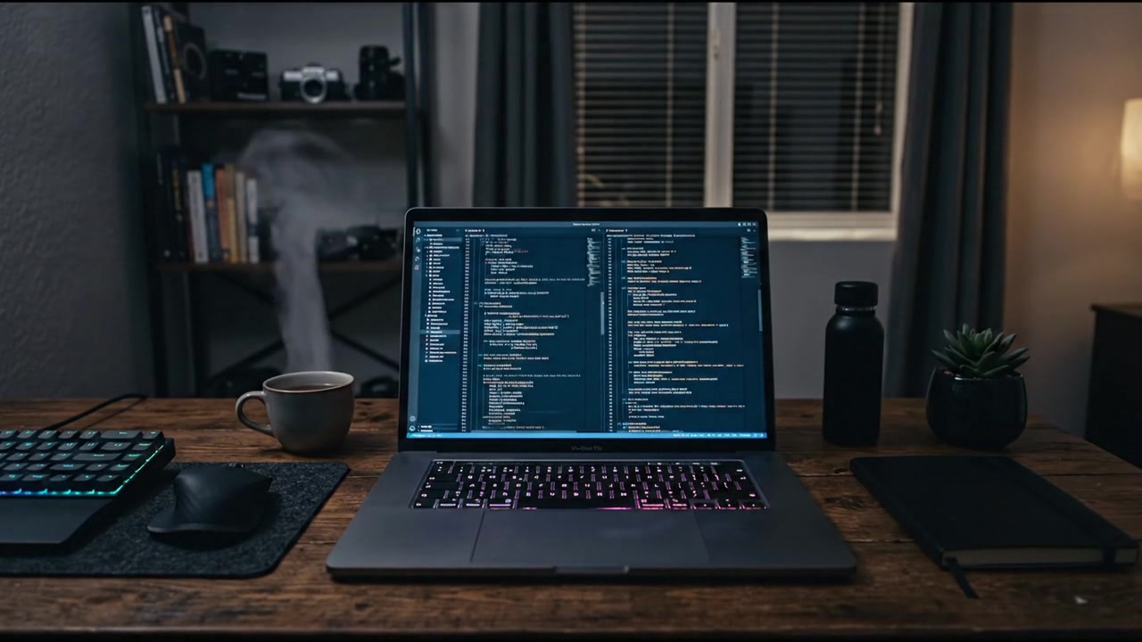 Dynamische meerdere computermonitoren die softwarecode weergeven in een donker kantoor
