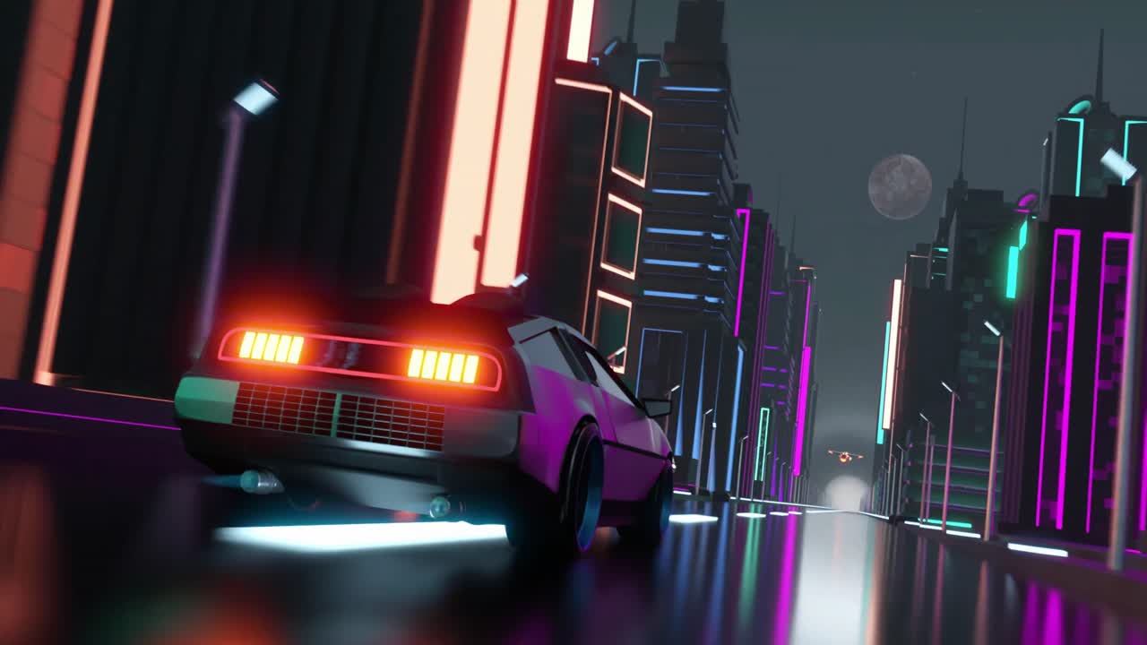 야간에 네온 조명 도시에서 자동차 운전의 애니메이션 배경