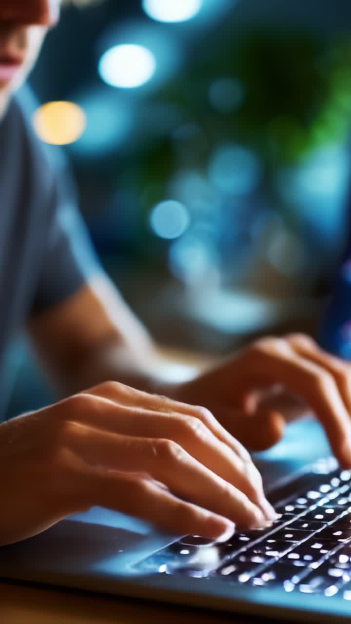 A close-up of hands typing on a laptop keyboard amidst a blurred background of ambient lights, showcasing focus and productivity in a digital environment