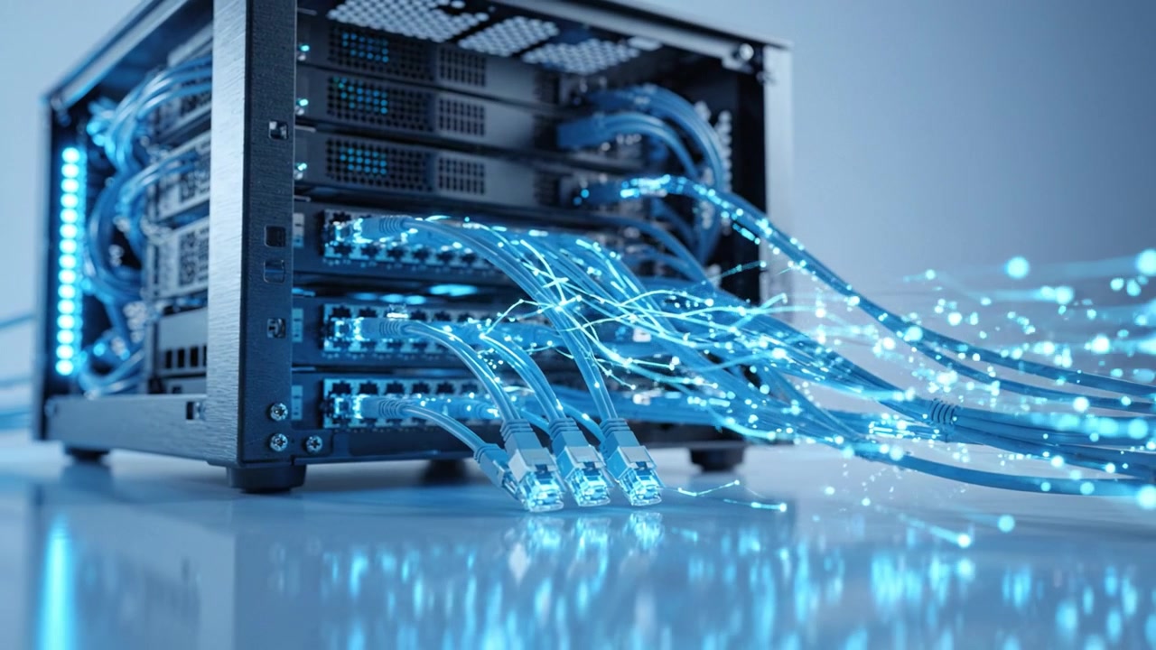 A High-Tech Networking Device Showcasing Fiber Optic Cables and Advanced Connectivity in a Modern Data Center Environment with Luminous Blue Light Effects