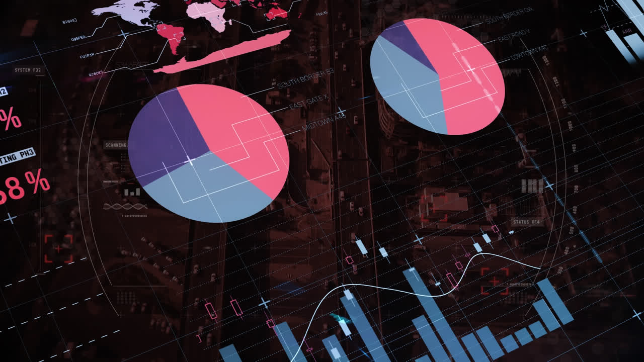 Animation of statistics and data processing over cityscape