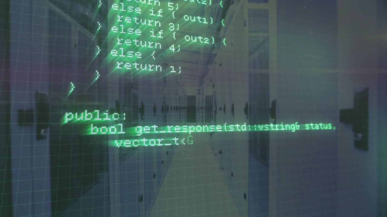 green code overlay appearing and scrolling upward revealing HTTP loop intersection logic over hall