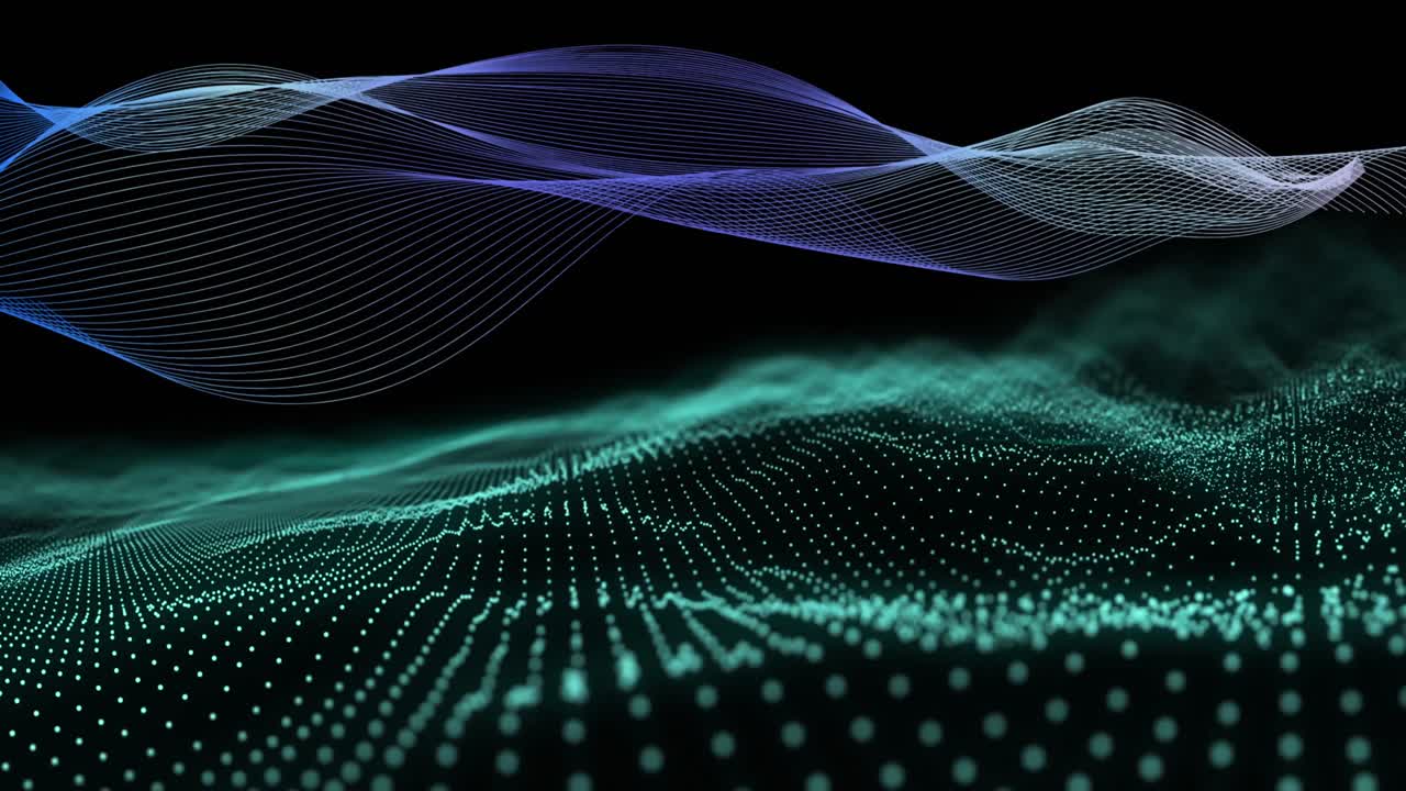 Animation of curved blue mesh structure over undulating green 3d landscape on black background