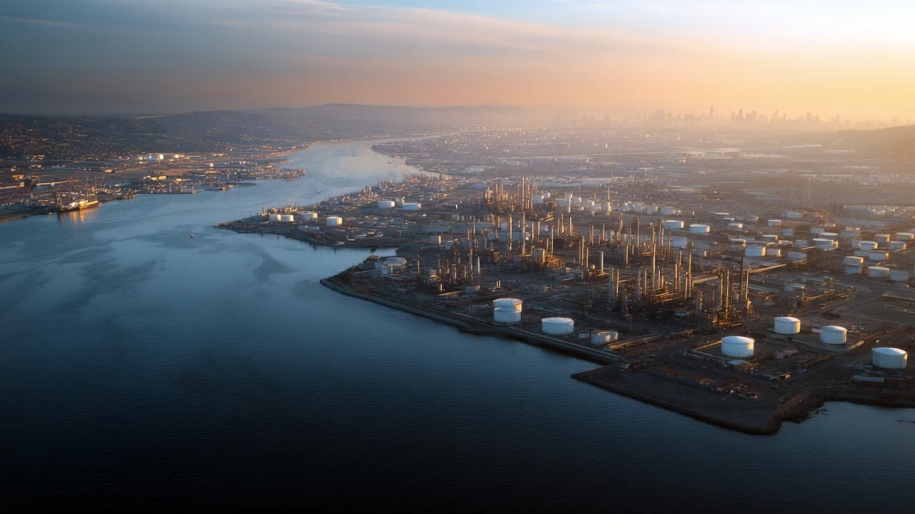 Vue aérienne d'une zone industrielle urbaine au coucher du soleil, avec des réservoirs de stockage de pétrole et une rivière traversant un paysage citadin.