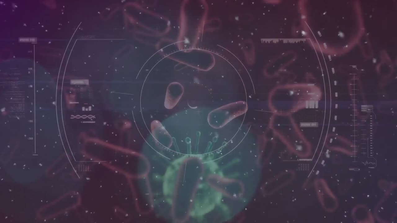 animación de escaneo de alcance y macro bacterias o células de covid 19