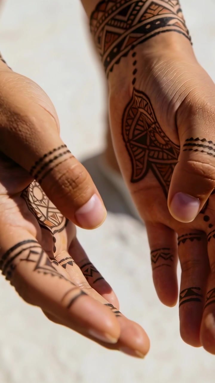 Video verticale: Mostrando i palmi alla telecamera, un paio di mani si inclinano per rivelare un tatuaggio all'henné Hamsa all'aperto.