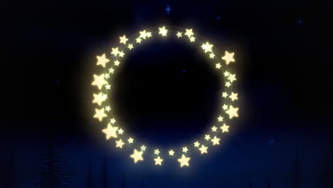 animation of fairy light frame with copy space over fir trees and winter scenery