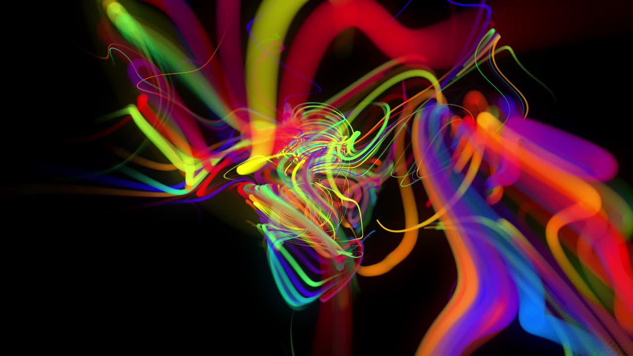 fondo en bucle abstracto con flujo de líneas multicolores de brillo o rayas de luz. las partículas de luces en funcionamiento se forman en el espacio 3d brillando hermosas líneas curvas con luz de neón. hermoso bg creativo en 4k.