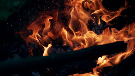 burning firewood in fireplace. bright bonfire with fire and ash close up