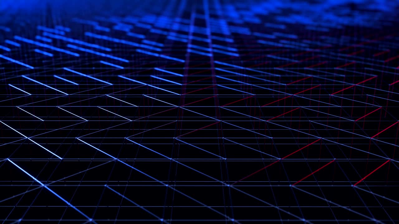 The camera moves forward through the metal grid with bokeh effect. 3D loop animation.