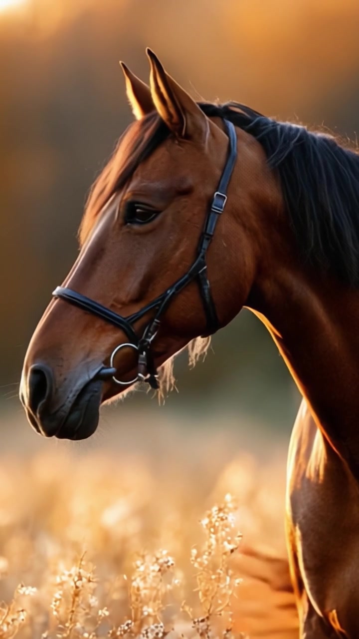 A Majestic Horse Portrait Captured in Golden Hour Light, Showing the Beauty and Grace of a Thoroughbred Against a Dreamy Natural Background