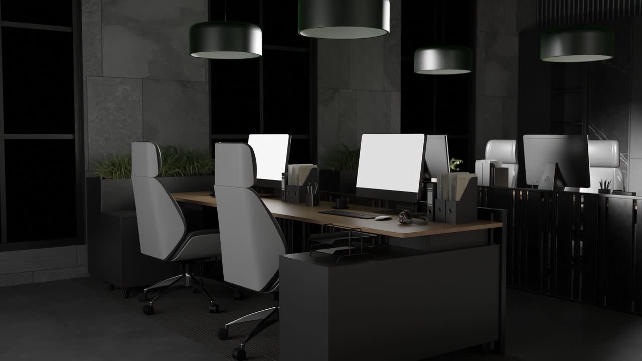 Modern office interior with desks, chairs, computers and green lighting. Contemporary workplace and technology environment concept. Design for banner, poster, wallpaper, header