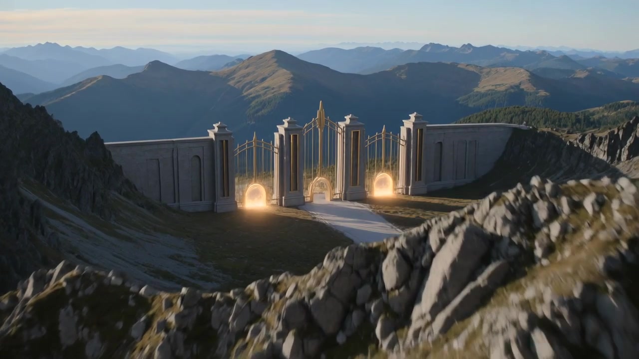 Telecamera che scorre rivelando una cresta rocciosa e un cancello ornato su una sella alpina, con archi luminosi.
