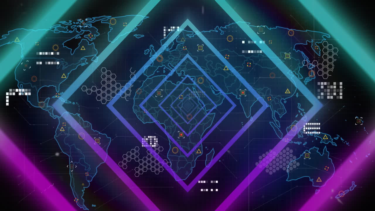 검은색 배경의 데이터 처리와 함께 세계 지도 위의 모양의 애니메이션