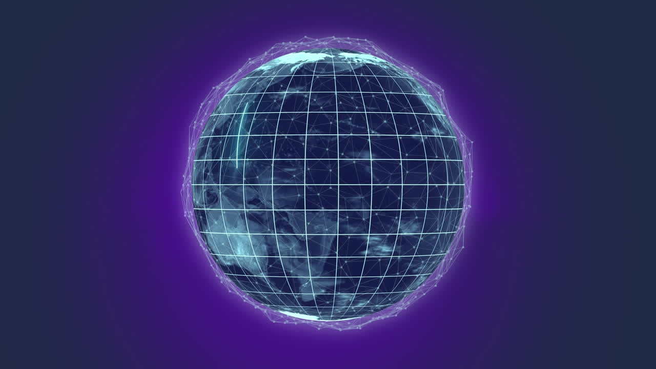 animación de globo con red de conexiones con brillo púrpura en fondo negro