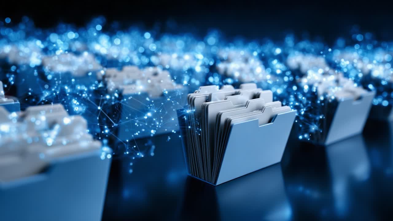 A Futuristic Digital Filing System Featuring Organized Folders and Data Connections Illuminated by Sparkling Lights and Networks in a High-Tech Atmosphere