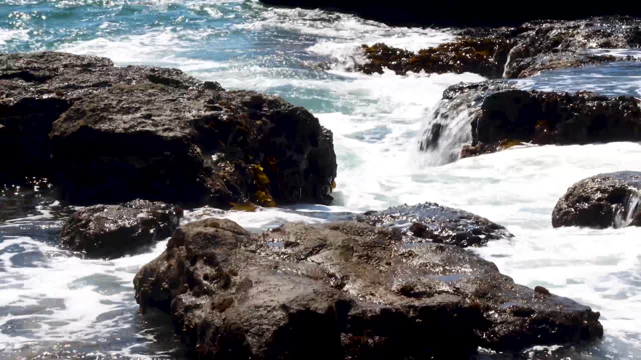 태평양 북서부의 거친 바위에 상쾌한 차가운 바다 물보라