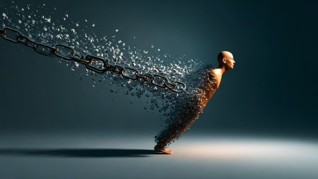 A powerful visual representation of liberation, depicting an individual breaking free from chains, symbolizing the journey from bondage to freedom through transformation and resilience