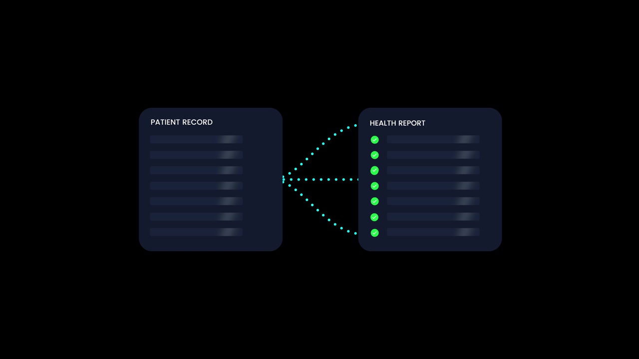 AI medical document processing animation with smart healthcare record data extraction interface