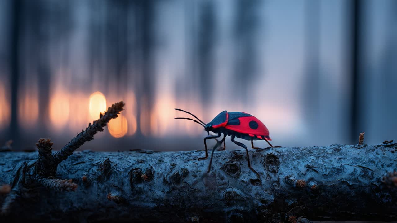 A striking close-up of a vibrant red and black insect perched on a fallen log amidst a serene, blurred forest background during twilight hours