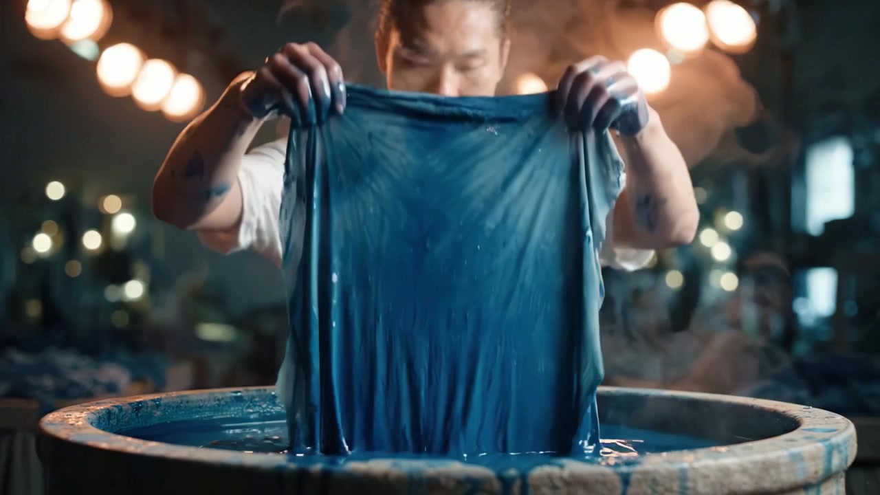 Ambachtelijk Verven: Een vakman dompelt vakkundig stof in een indigobad, creëert prachtige textiel met diepe kleuringen en toont de kunst van traditionele verftechnieken.