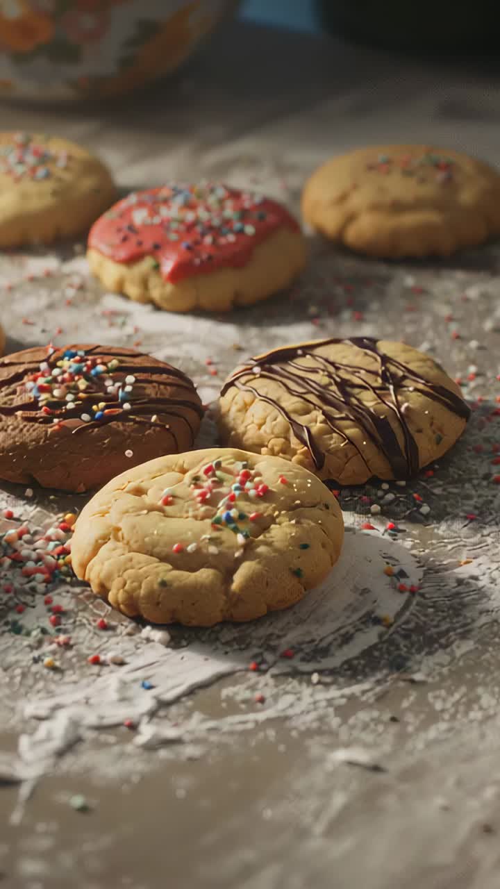 Vertical video: Start camera zooming across kitchen bench, highlighting sugar cookie textures