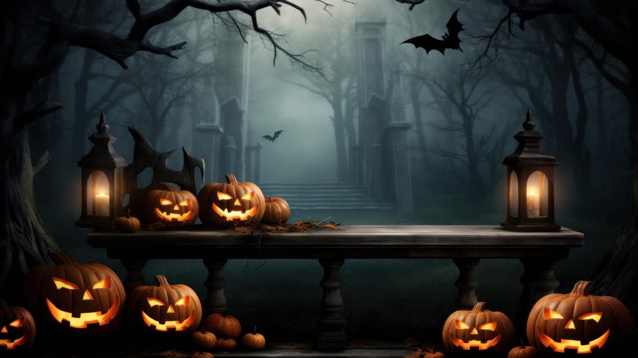 Spettrale scena di Halloween con zucche intagliate e pipistrelli, ripresa da un angolo basso