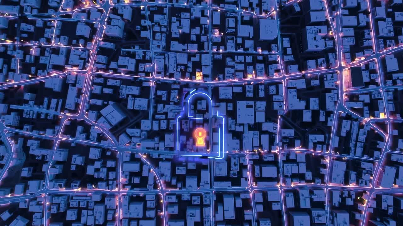 Glowing padlock hovering over a smart city at night, symbolizing data protection, cybersecurity, and urban safety in a futuristic metropolis