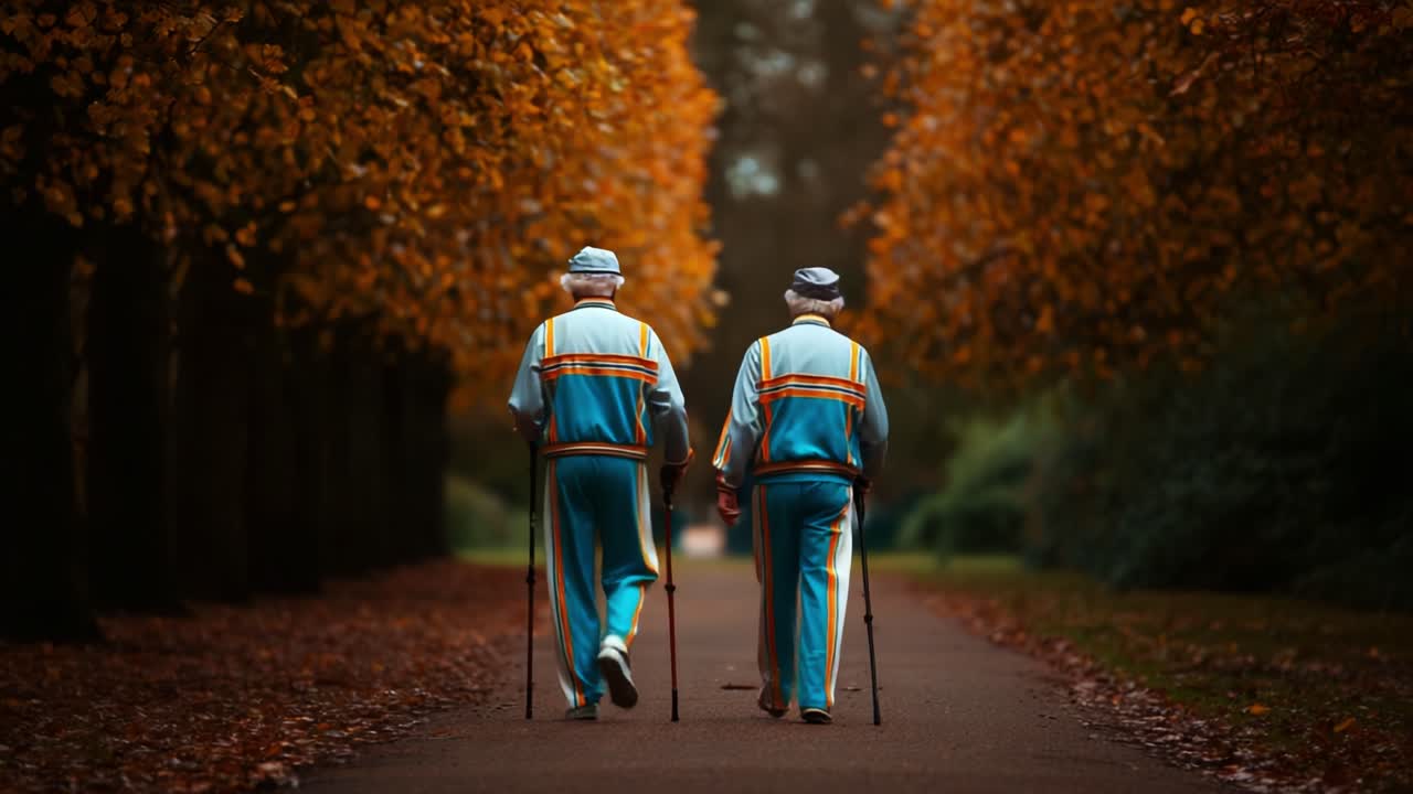 Two elderly individuals take a serene stroll along a tranquil pathway lined with autumn trees, showcasing their vibrant outfits as they connect with nature and each other