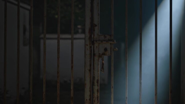 Sliding diagonal light shaft crossing rusted metal gate at walled courtyard, revealing hanging key