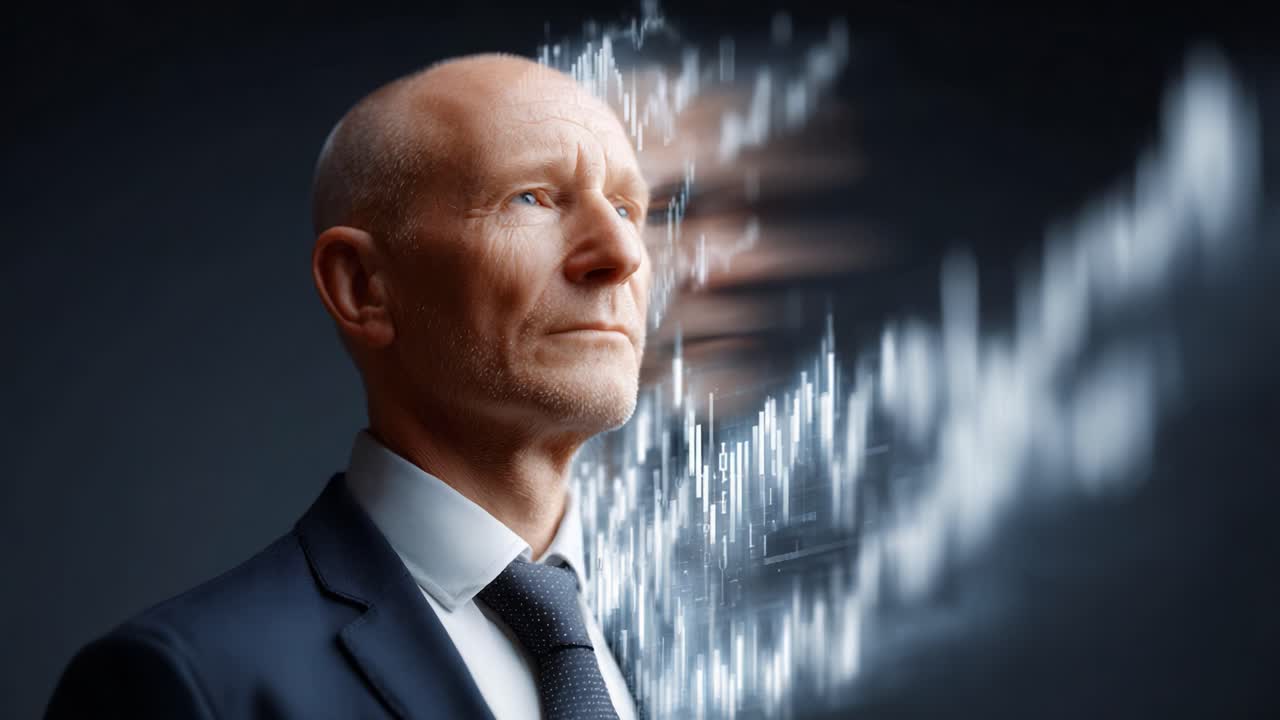 A Thoughtful Businessman Engaged in Analytical Reflection Amidst Graphical Data Representations of Market Trends and Financial Insights