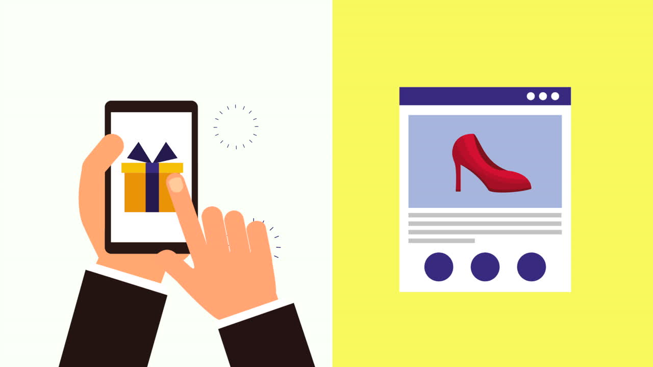 선물 및 웹 페이지 템플릿과 함께 스마트폰을 사용하는 손