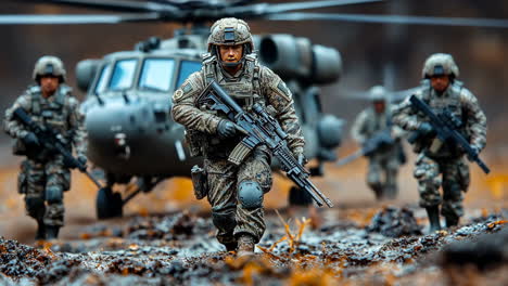 soldiers conduct mission near helicopter on rugged terrain in autumn