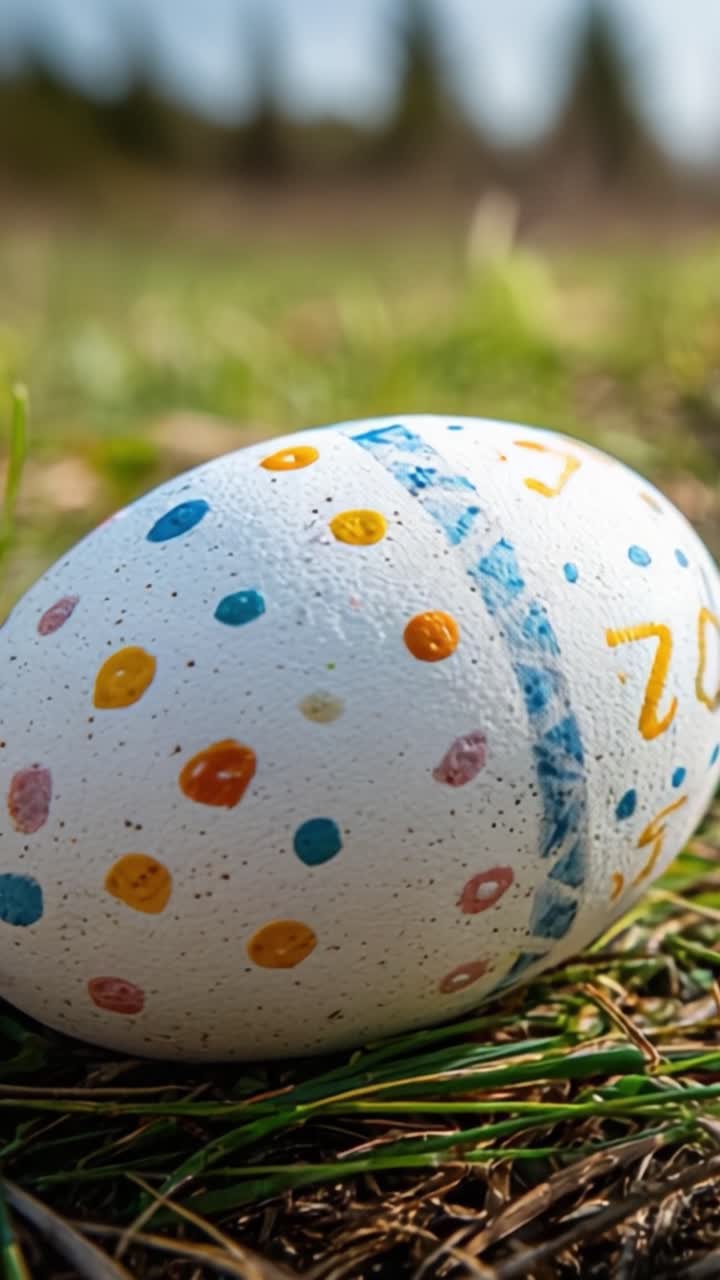 Colorful Painted Egg on Grass: A Cheerful Symbol of Spring and Festivity Captured in Nature, Signifying Renewal and Celebration in a Vibrant Outdoor Setting