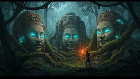a mysterious encounter with ancient stone faces in an enchanted jungle, illuminated by ethereal glows and captivating flora, unveiling secrets of the past