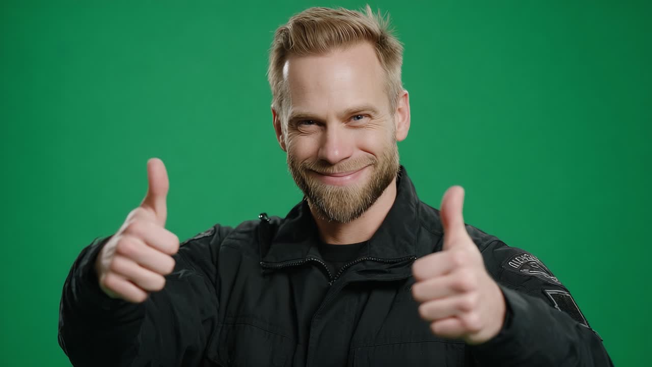 A Confident Individual Giving Thumbs Up in Front of a Green Screen, Radiating Positivity and Assurance through a Warm Smile and Friendly Gesture