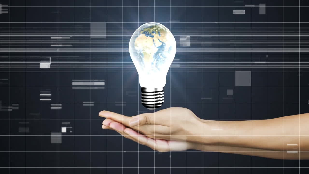 Holding glowing light bulb with Earth, hand over digital animation grid background