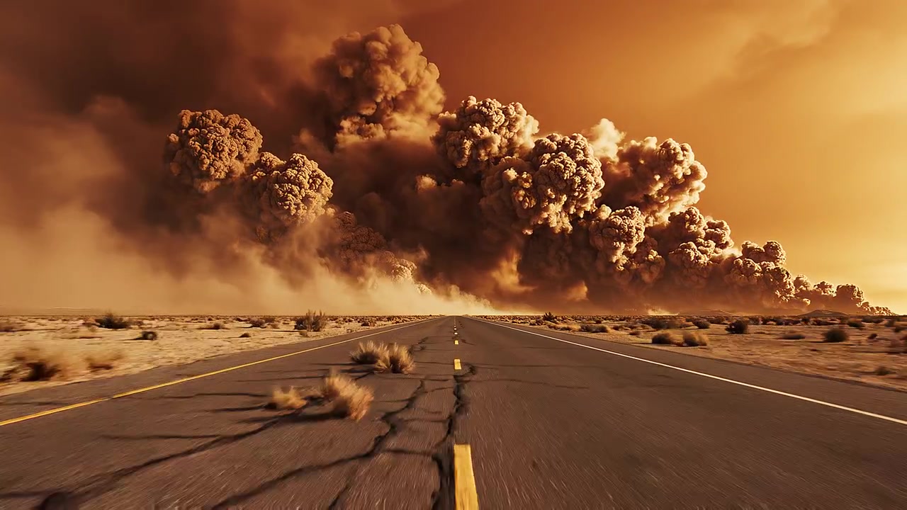 Massive Dust Storm Approaching a Cracked Desert Highway