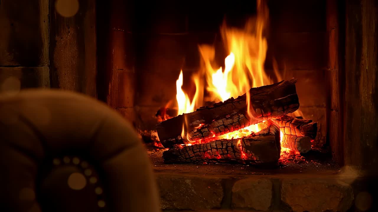 Glowing embers sustaining hardwood logs, flickering flames shifting on stone hearth, warming room