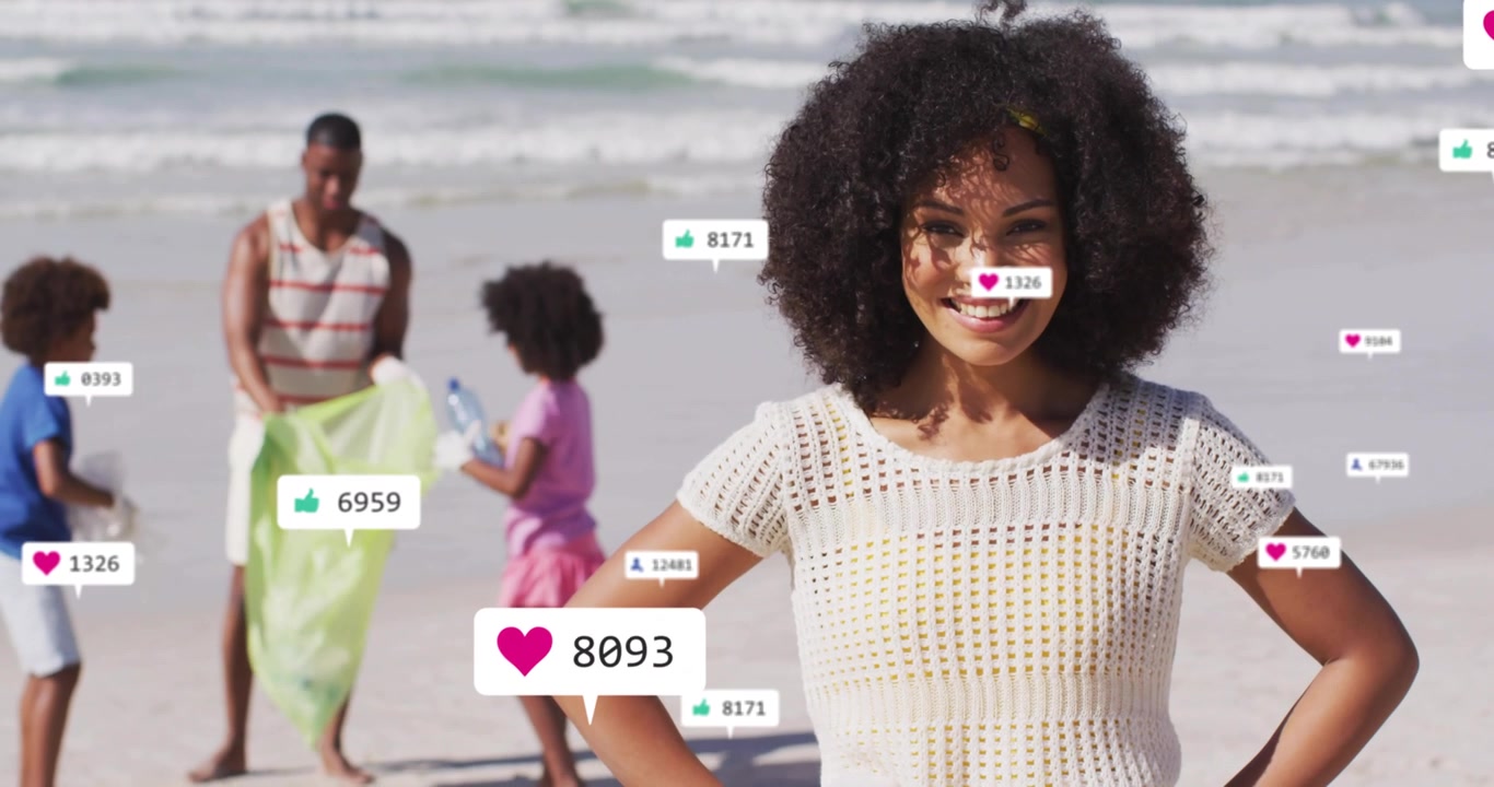 Vertical video: Woman posing while camera closing, sparking likes rising as family cleaning beach