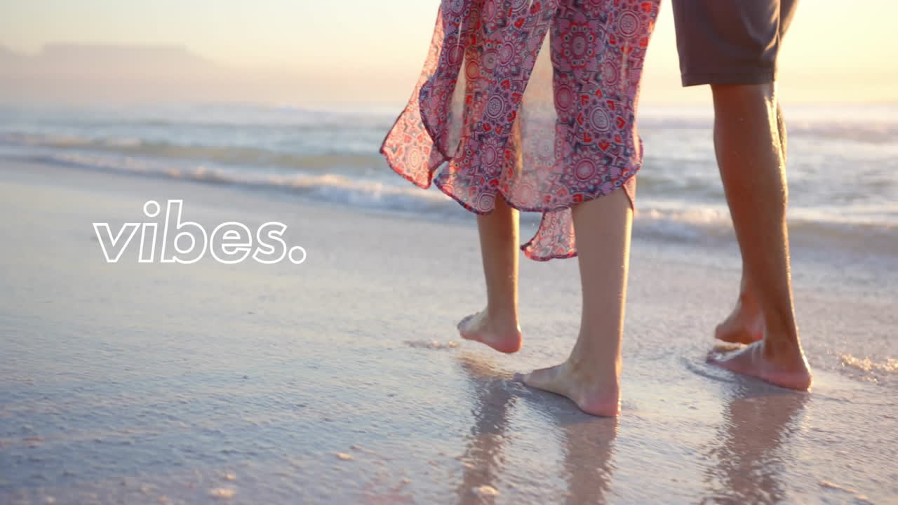 animación de vibraciones texto sobre pareja caucásica caminando